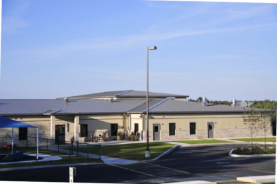 Exterior view of a modular new child development center serving the military families and civilian workers’ families