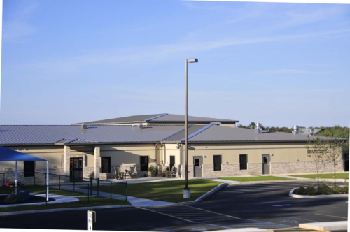 Exterior view of a modular new child development center serving the military families and civilian workers’ families